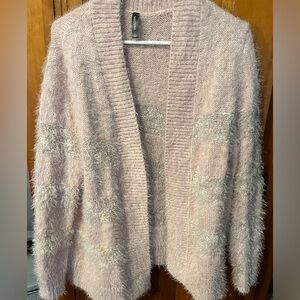 Fuzzy Ladies Massini Pink and Grey striped Sweater. Size L